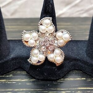 Faux Pearl and Rhinestone Silver Tone Adjustable Flower Ring